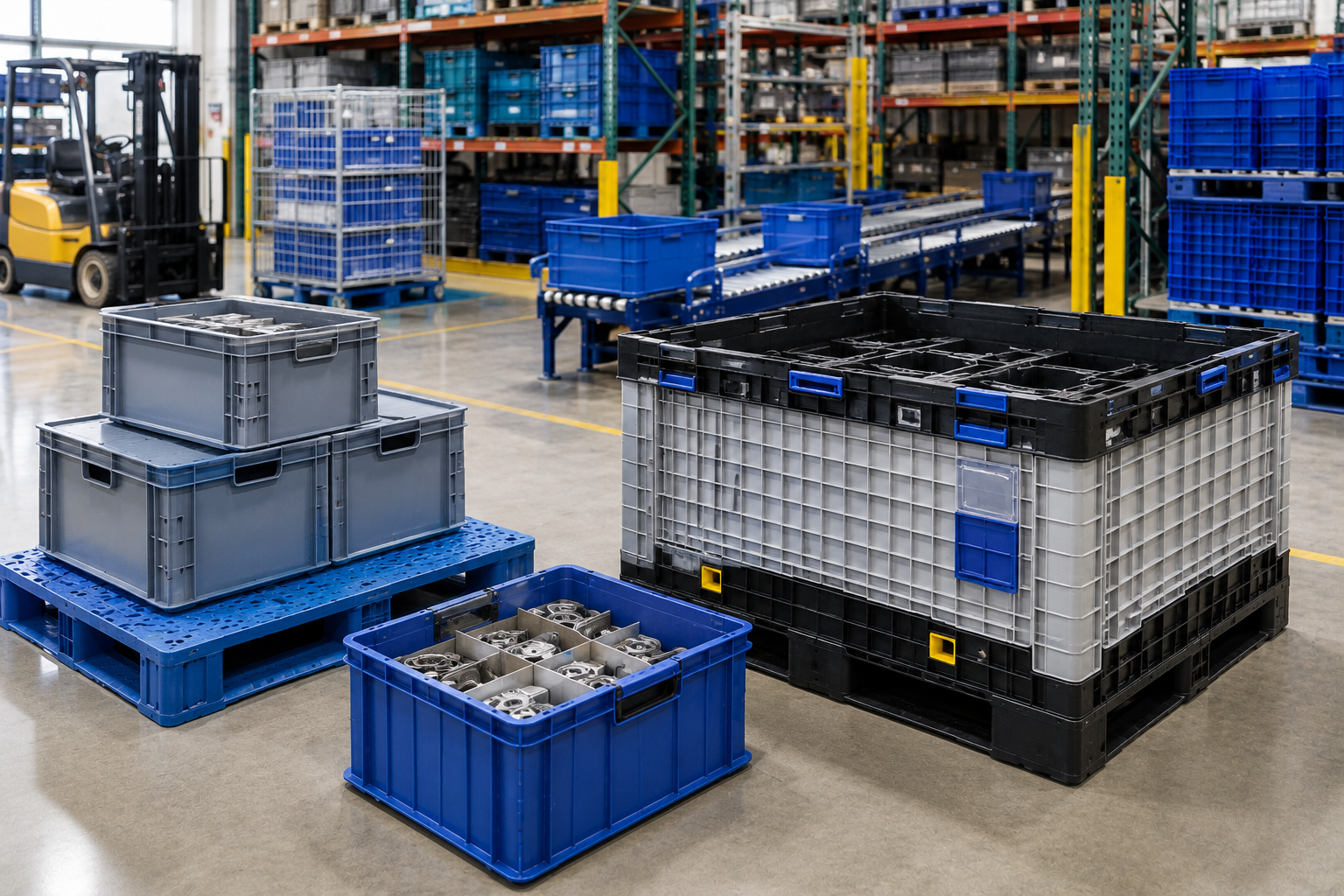 Reusable plastic totes bulk containers and pallets in a warehouse material handling operation